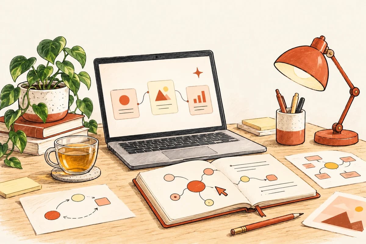 Illustrated desk with a notebook, connected ideas, laptop and orange lamp