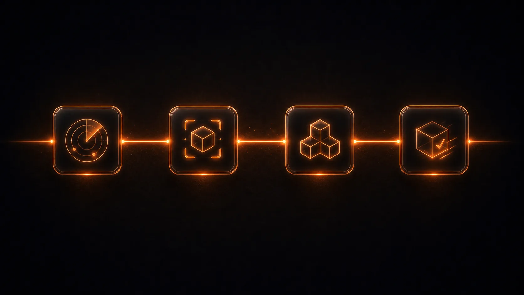 A clean horizontal four-step flow of glowing dark-glass nodes connected by a single luminous orange line, left to right.